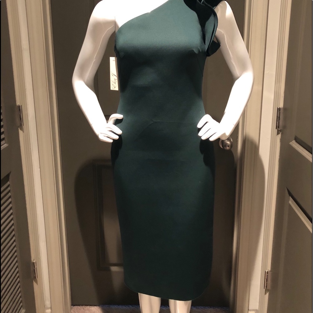Eliza J One Shoulder Dress in Dark Green